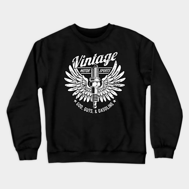 Vintage Motorsports God, Guts and Gasoline Spark Plug Design Crewneck Sweatshirt by hobrath